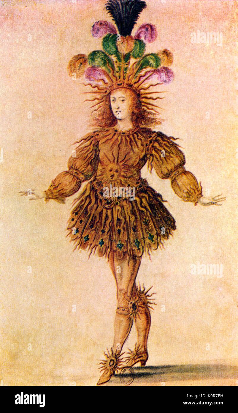 LOUIS XIV - Ballet costume porté par Louis XIV (1638-1715, roi en 1643-1715) - en APOLLON /Le Dieu Soleil dans le Ballet royal de la nuit / Ballet de la nuit en 1653. gravure (cour de France ballet de 17ème siècle) Banque D'Images