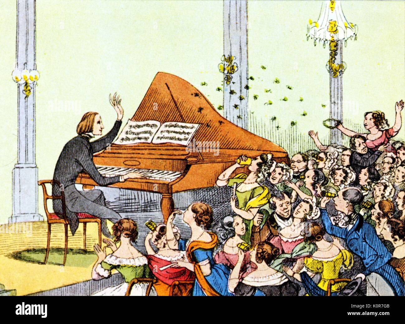 Au cours de Franz Liszt récital de piano à Berlin, 1840. Compositeur et  pianiste hongrois, Illustration par T. Hosemann montrant des femmes femmes  extatiques réponse de fans. Aussi dit être dans Paris