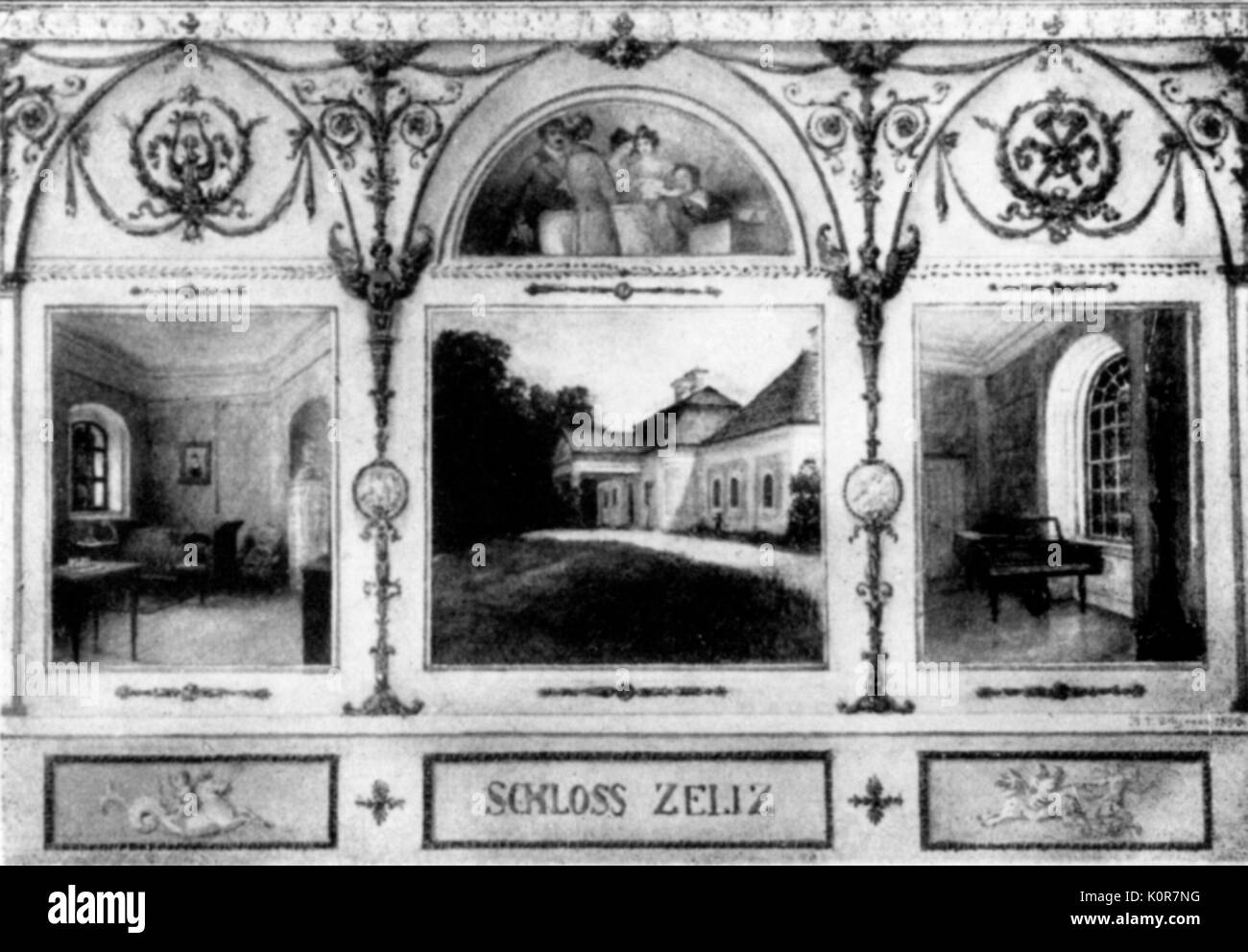 Franz Schubert - Château de Zelesz Ungarn - montrant (g à d) - habitation de Schubert, l'extérieur du château, piano - Quatuor de chant ci-dessus au centre du Baron Schonstein, comte Esterhazy, Comtesses Marie et Karoline, Schubert au piano par un F Seligmann - Schubert, compositeur autrichien - 31 janvier 1797 - 19 novembre 1828. Banque D'Images