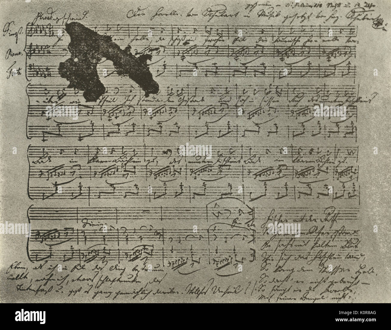 SCHUBERT, Franz - note manuscrite de ' Die Forelle (la truite), 1817. - Il est dit Schubert sprinkeled au lieu de sable d'encre sur le score fini. Compositeur autrichien ( 1797 - 1828 ) Banque D'Images