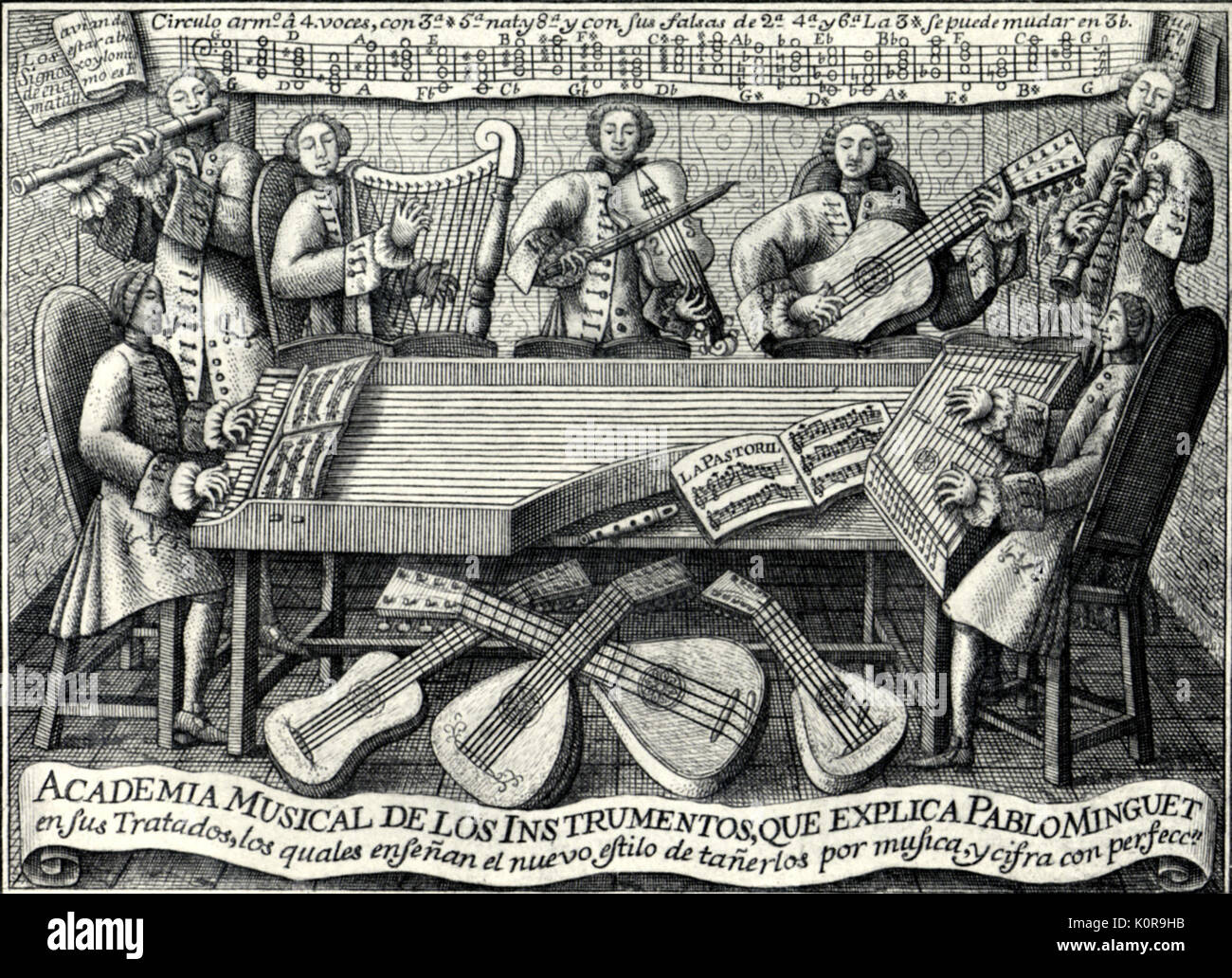Traité de musique espagnole, 1752. 'Règles et conseils pour la lecture de tout le meilleur des instruments de musique - traité en espagnol par Pablo Minguet y Yrol, 1752 dispose de guitare, ciltarone, clavecin, flûte traversière, harpe, flûte, viole, luth. Banque D'Images