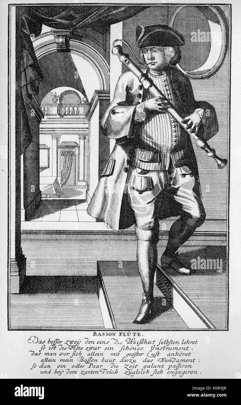Man playing bass recorder, 17ème siècle. Gravure par J C Weigel (1661-1726) de la "usicalisches Theatrum'. Banque D'Images