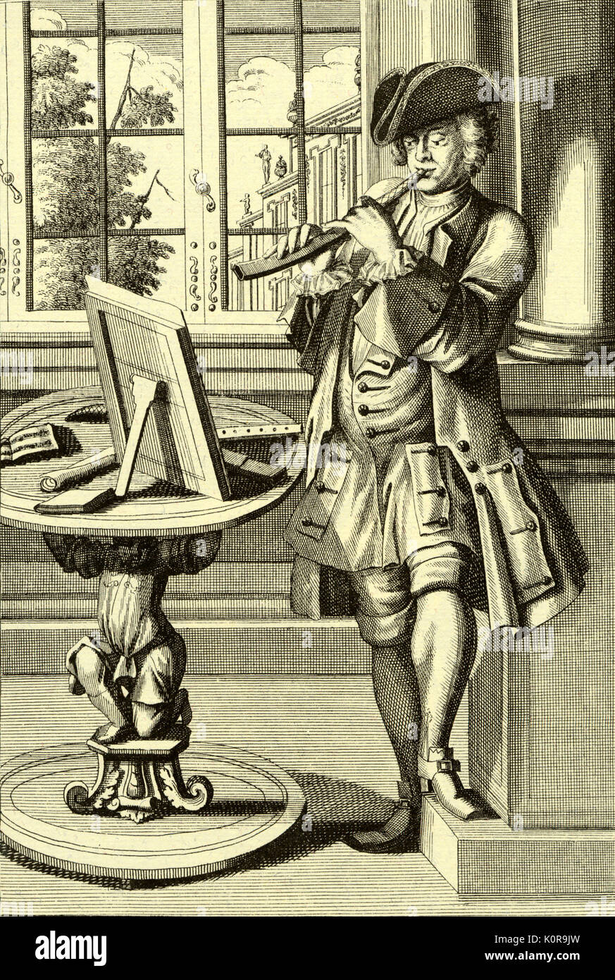 Homme jouant de cornet. Gravure par J C Weigel (1661-1726) Banque D'Images