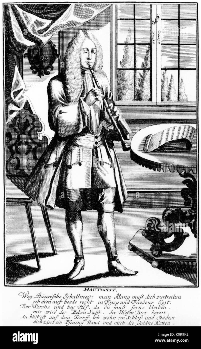 Hautbois baroque musicien - lit hautboy (ou agrégat). Gravure par J C Weigel (1661-1726) à partir de la ' Musikalisches Theatrum' . Hautbois, Baroque. Banque D'Images
