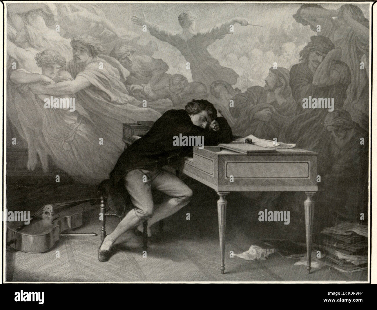 BEETHOVEN, Ludwig van - endormi au piano épuisé après les efforts de composition, B s'endort et rêve un rêve plein de figures allégoriques. Après Leyendecker compositeur allemand 1770-1827 Banque D'Images