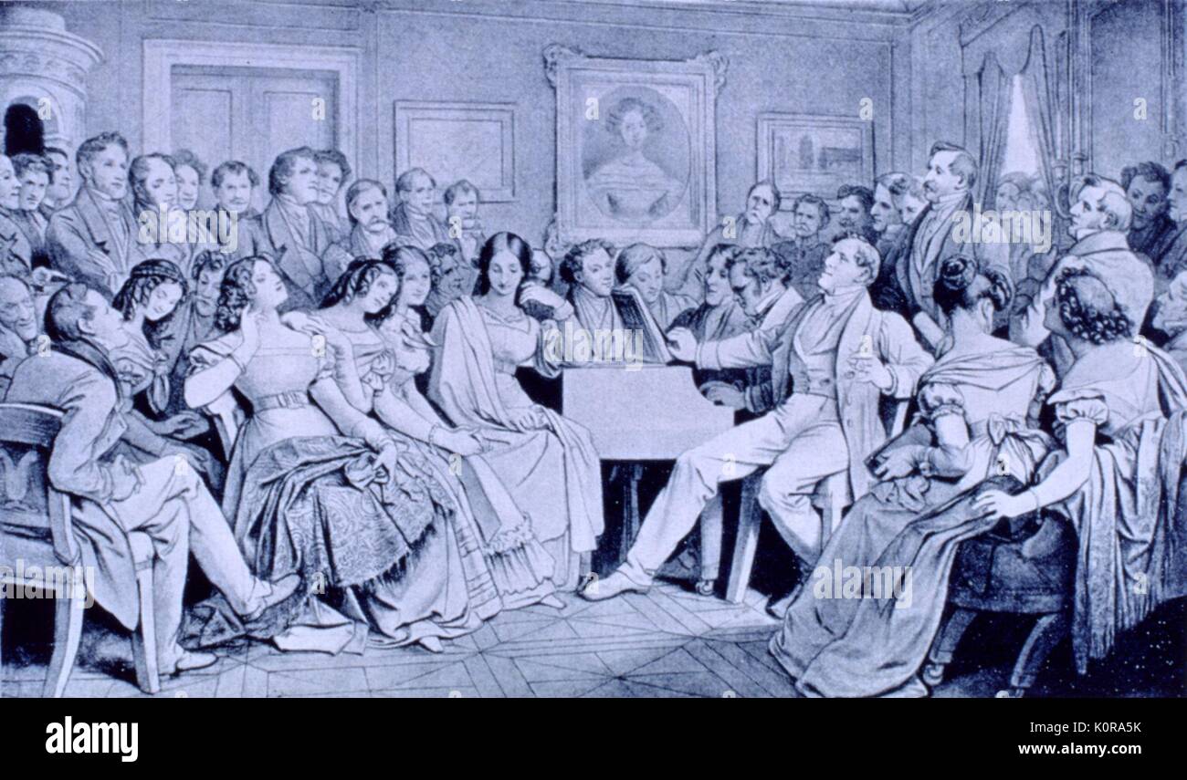 Chubertiade «»- dessin par Moritz von Schwind - scène avec Schubert jouer à Joseph von Spaun's house. Auditoire visé comprend von Schwind, Rieder, Kupelwieser, Lachner, von Spaun, Grillparzer. Franz Schubert : compositeur autrichien, 1797-1828. Banque D'Images