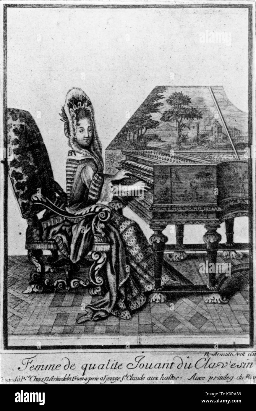 Femme jouant du clavecin. 17e siècle lithographie française 'Femme de qualite jouant du Clavesin'. Banque D'Images