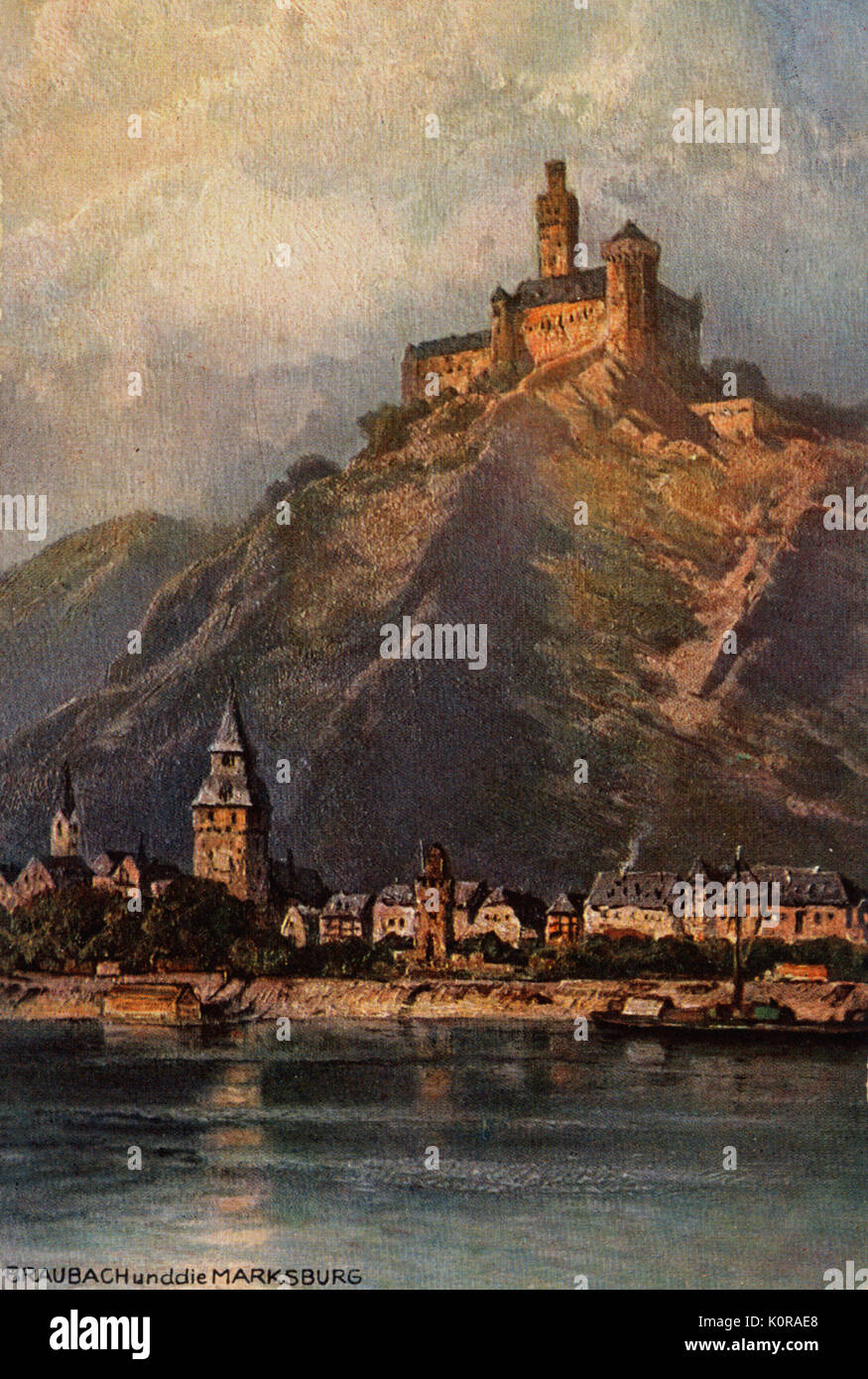 Et de Marksburg Braubach, scène sur le Rhin, en Allemagne. Après peinture Illustration par Nikolaï Lvovitch Astudin (1847 - 1925) Banque D'Images