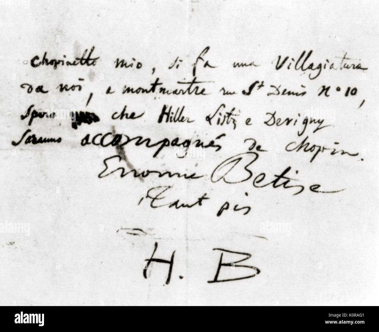 Hector Berlioz - lettre manuscrite du compositeur français de Frédéric Chopin. Hector Berlioz : 11 décembre 1803 - 8 mars 1869. Frédéric Chopin, pianiste et compositeur polonais : 1 mars 1810 - 17 octobre 1849. Banque D'Images