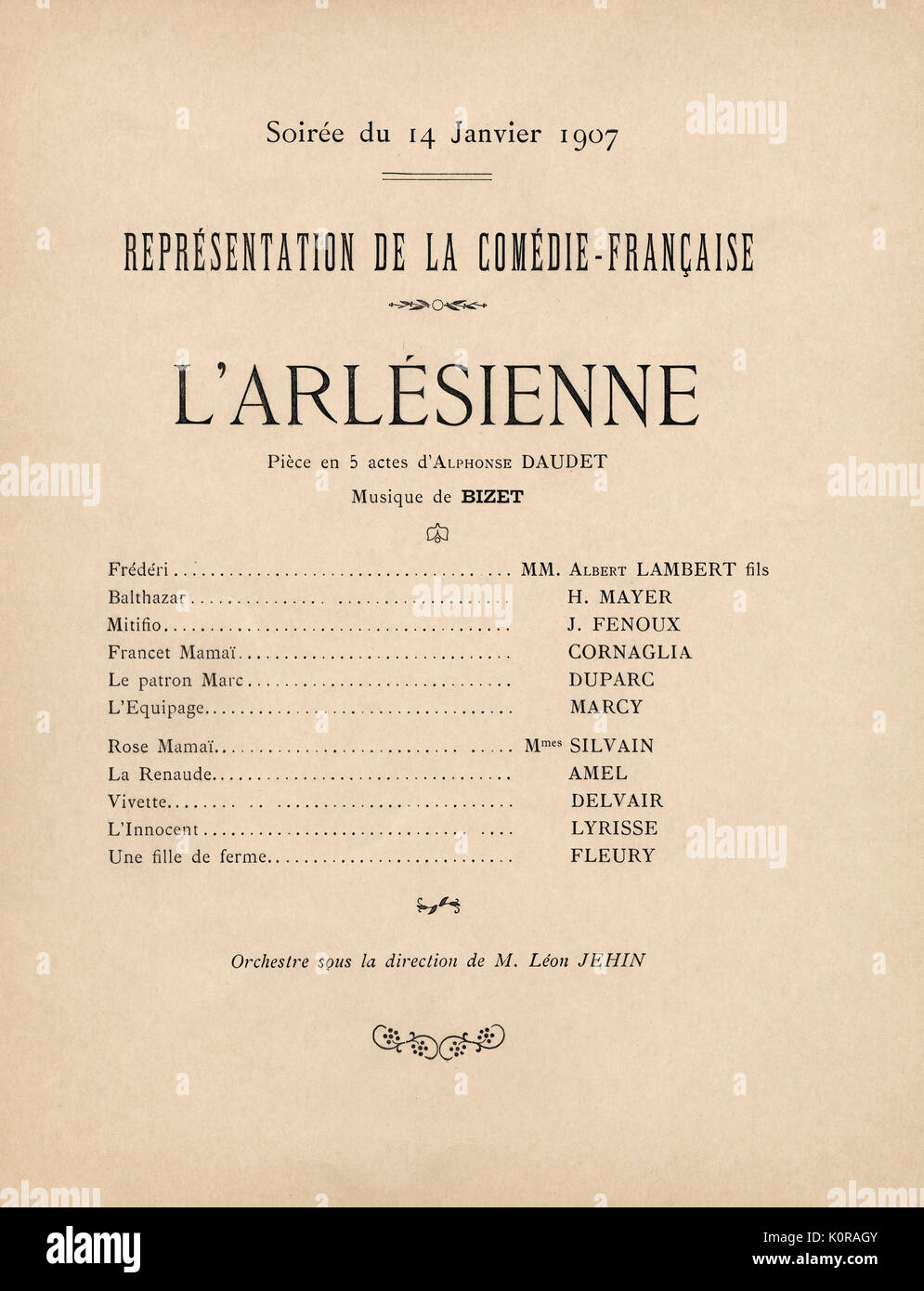 'L'Arlésienne' - page intérieure du programme pour une performance 1907 d'Alphonse Daudet 's jouer. Rendement par la Comédie Française au Théâtre de Monte Carlo sur le 14 janvier 1907. Musique de Georges Bizet. Annonce novelitst Français, 13 mai 1840 : - 16 décembre 1897. Go, compositeur français : 25 octobre 1838 - 3 juin 1875. Banque D'Images