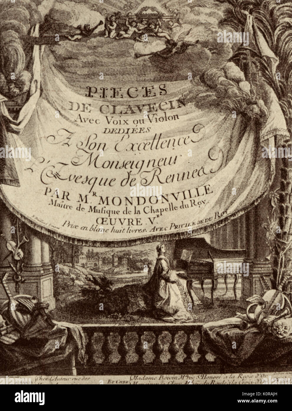 Page de titre à Jean Joseph Cassanéa de MONDONVILLE "Pièces de clavecin avec voix ou violon' c.1748 op. 5. Violoniste français, compositeur, directeur musical de la Cour 1711-1772. Banque D'Images
