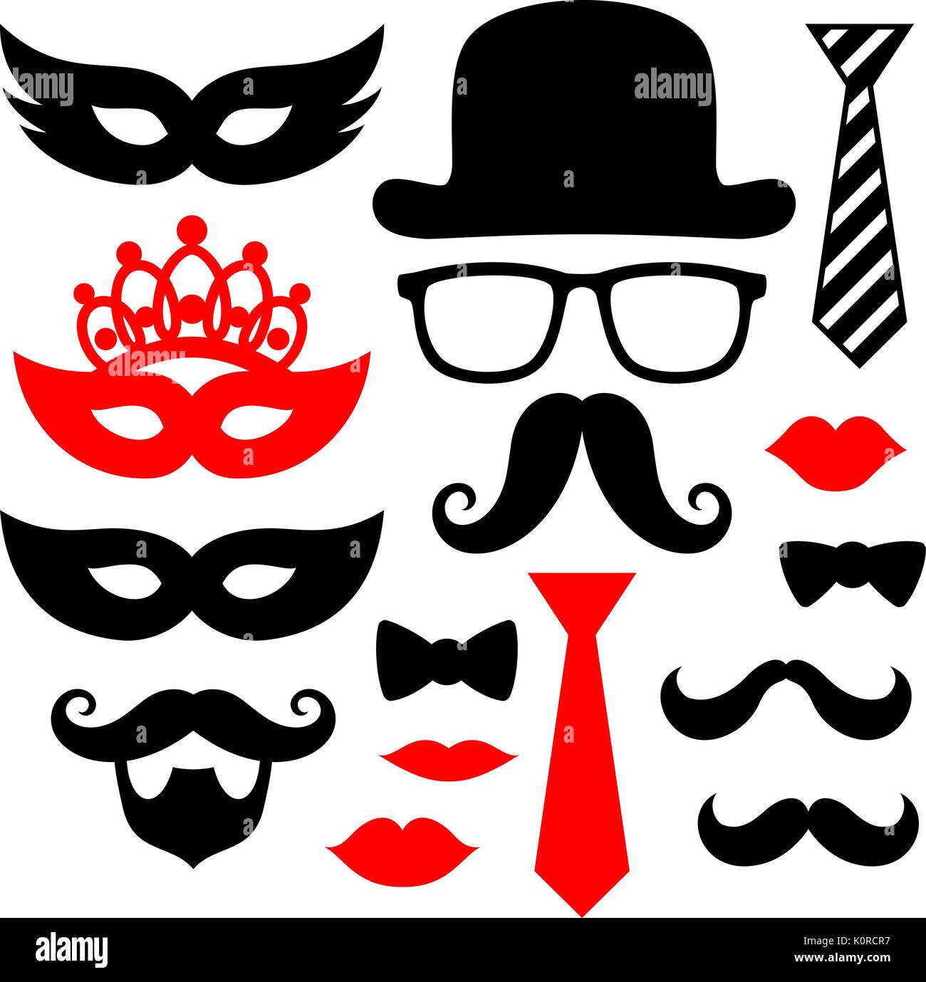 Ensemble de moustaches noires,les lèvres et les silhouettes des éléments de design pour party props isolé sur fond blanc Illustration de Vecteur