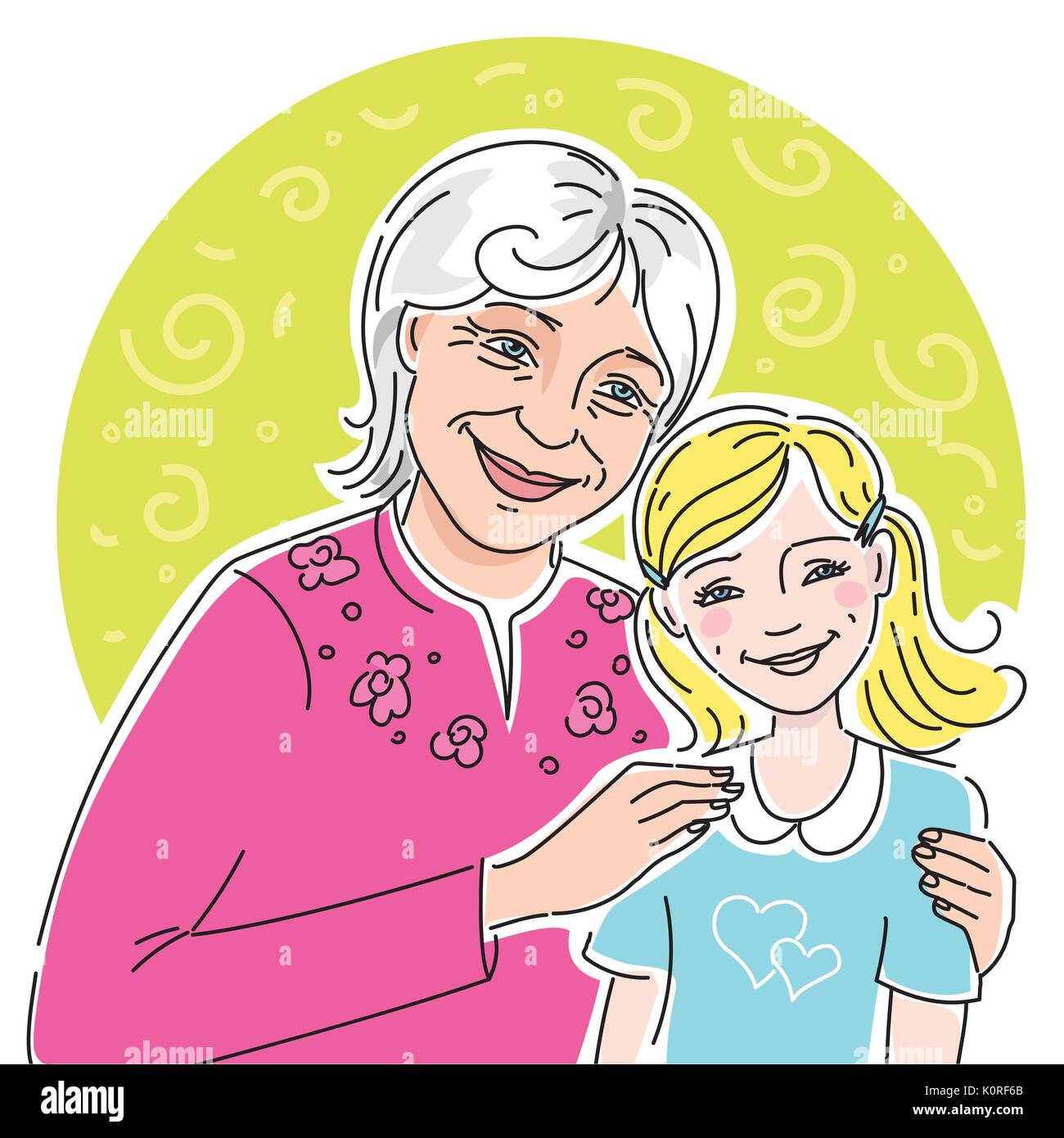 Portrait d'une grand-mère heureuse avec sa petite-fille. Vector illustration isolé sur blanc. Illustration de Vecteur