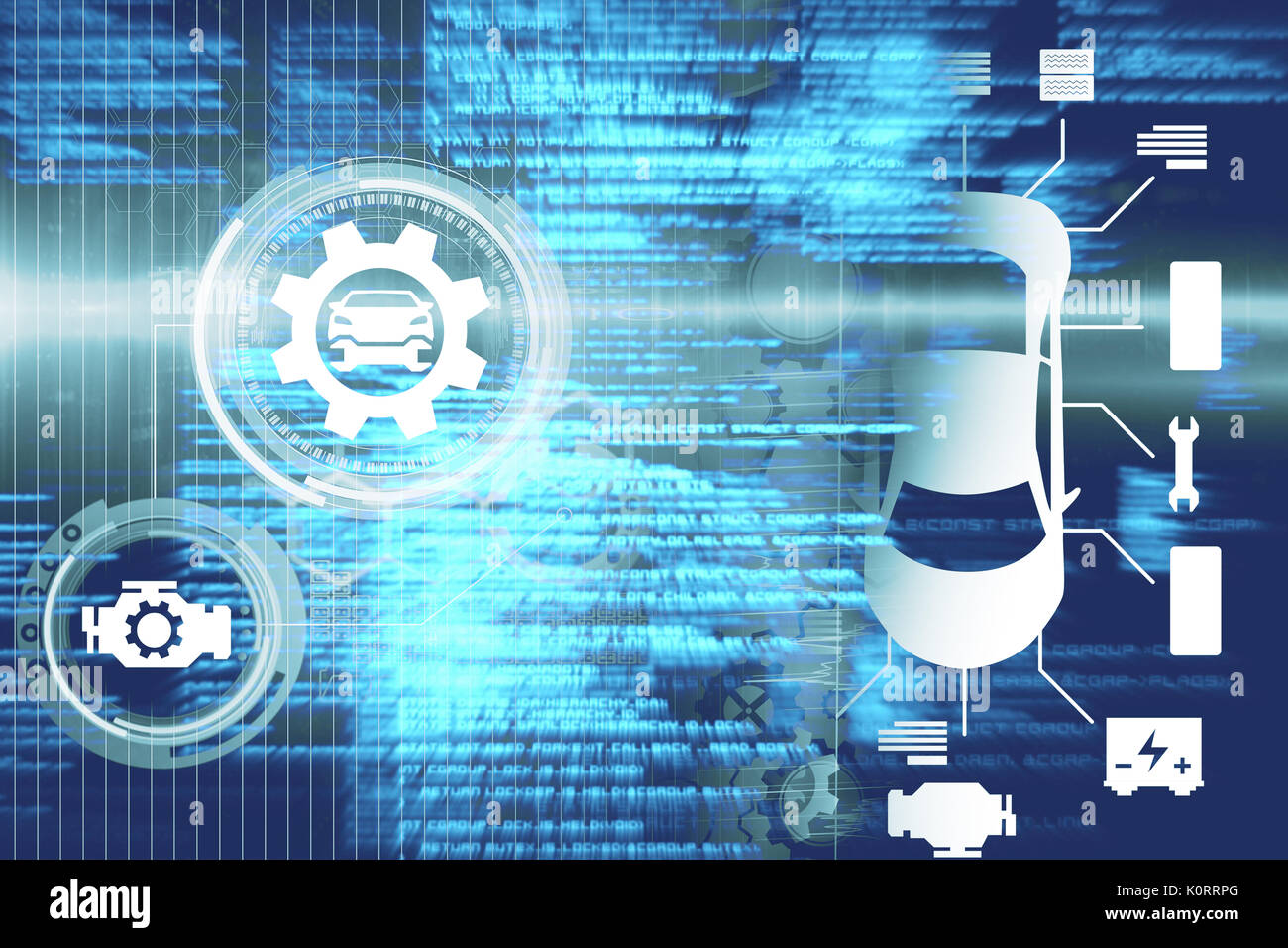 L'image graphique de l'ordinateur de voiture et outils contre les textes flous bleu Banque D'Images