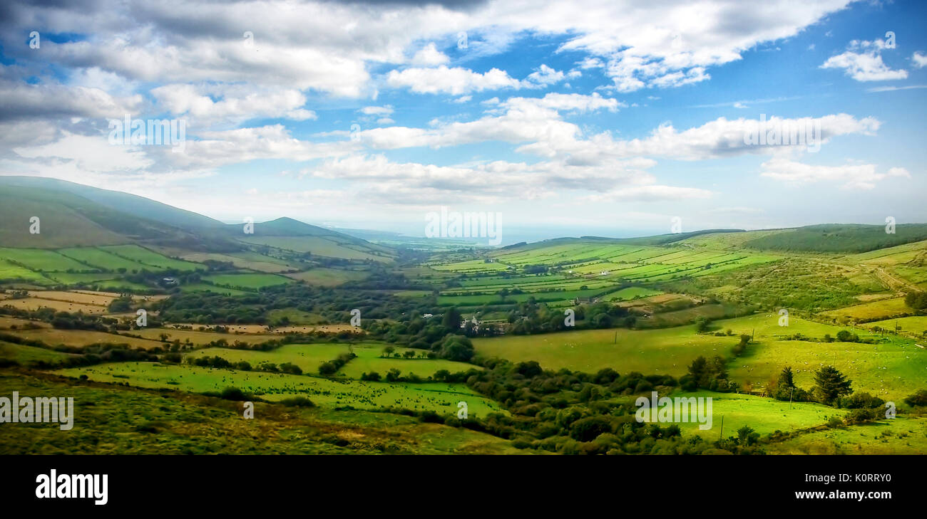 Vue panoramique du paysage vert contre ciel nuageux Banque D'Images Vue panoramique du paysage vert contre ciel nuageux Banque D'Images
