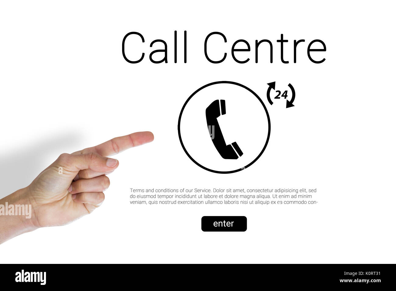La main coupée de l'homme pointant contre call centre texte avec icône de téléphone Banque D'Images