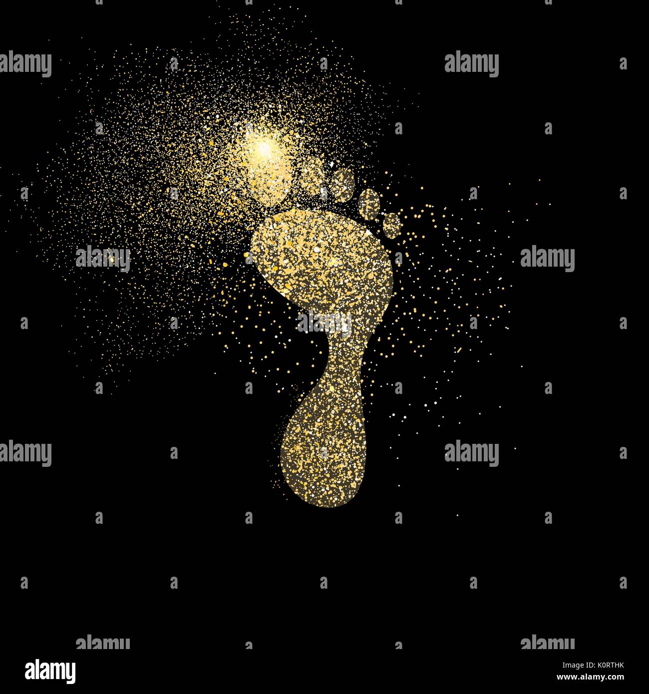 Foot print concept illustration symbole, icône de l'empreinte d'or faits de poussière glitter golden réaliste sur fond noir. Vecteur EPS10. Illustration de Vecteur