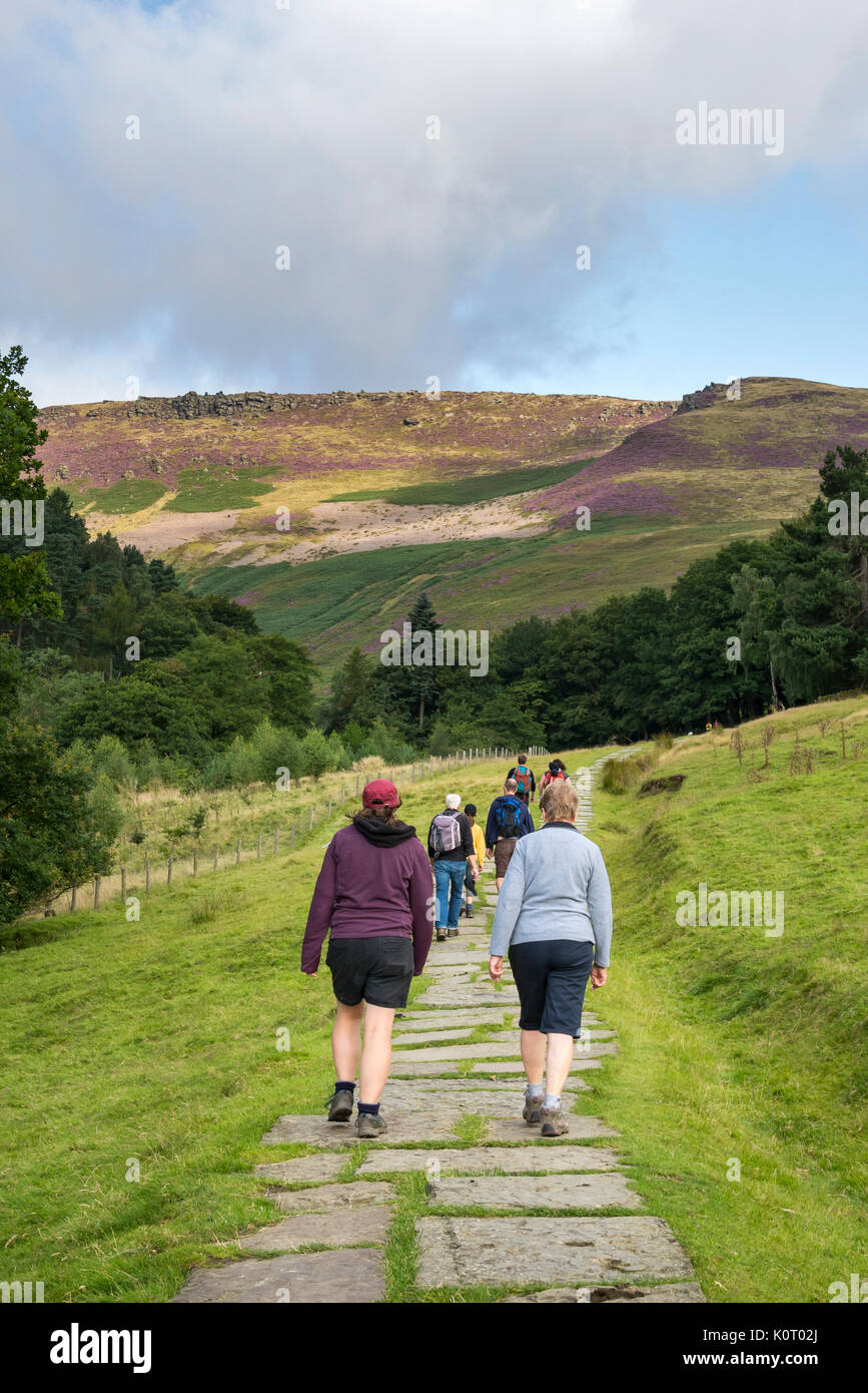 Groupe de marcheurs de colline sur l'itinéraire à Grindsbrook Clough près de Edale dans le parc national de Peak District, Derbyshire, Angleterre. Banque D'Images