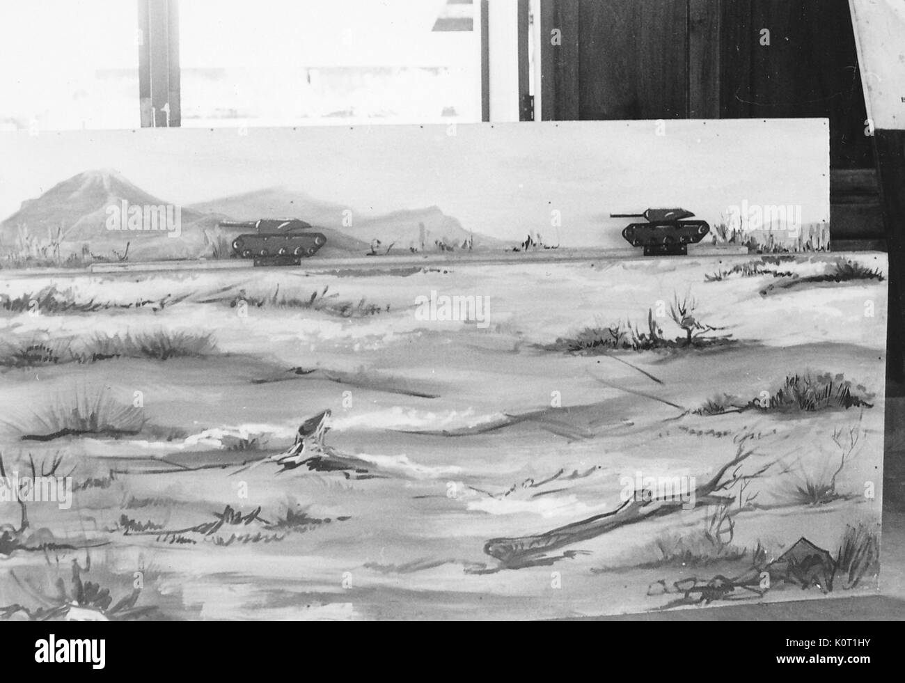 Photo d'un tableau représentant un champ avec deux réservoirs à l'arrière-plan, Vietnam, 1969. Banque D'Images