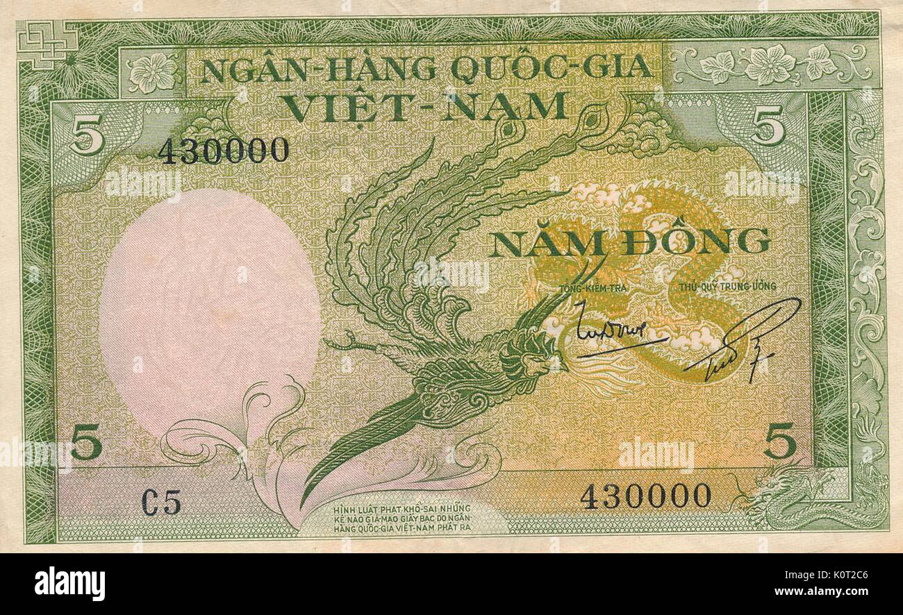 5 Dong remarque, une devise vietnamienne note émise pendant la guerre du Vietnam, vert et blanc avec l'image d'un oiseau stylisé, utilisé comme de l'argent dans le Sud Vietnam, 1964. Banque D'Images