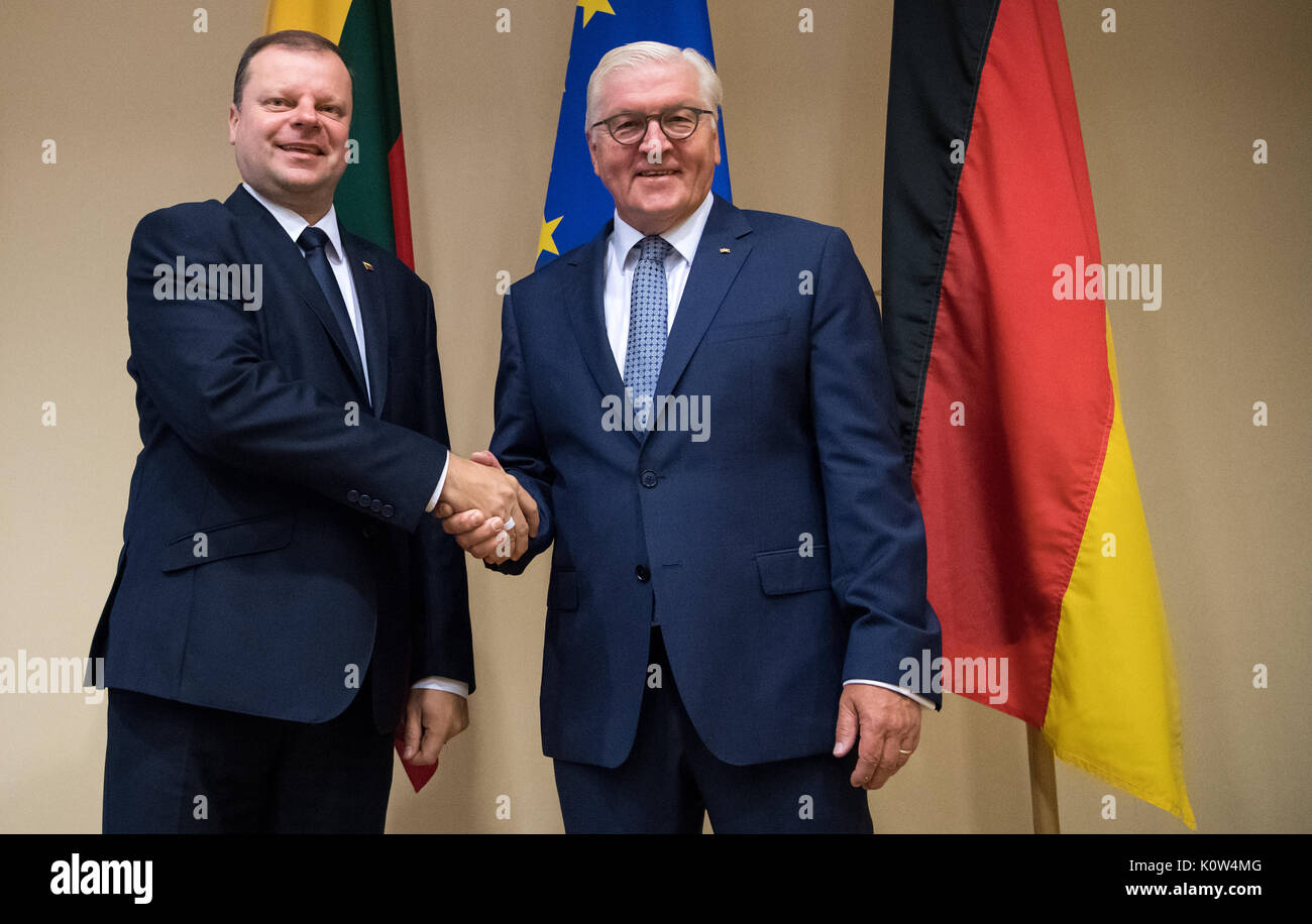 Dpatop - Président allemand Frank-Walter Steinmeier (R) et le premier ministre de Lituanie, Saulius Skvernelis, réunion à Vilnius, Lituanie, 25 août 2017. Président M. Steinmeier et son épouse sont en visite officielle aux états baltes entre 22 et 25 août 2017. Photo : Bernd von Jutrczenka/dpa Banque D'Images