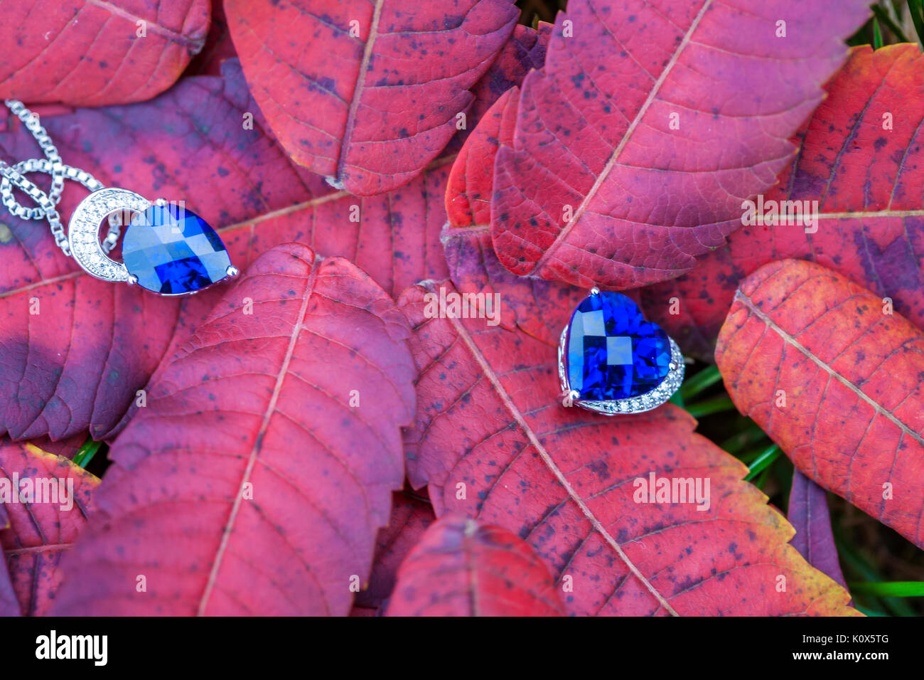 Deux de luxe Pendentif Topaze sur l'automne rouge lieves Banque D'Images