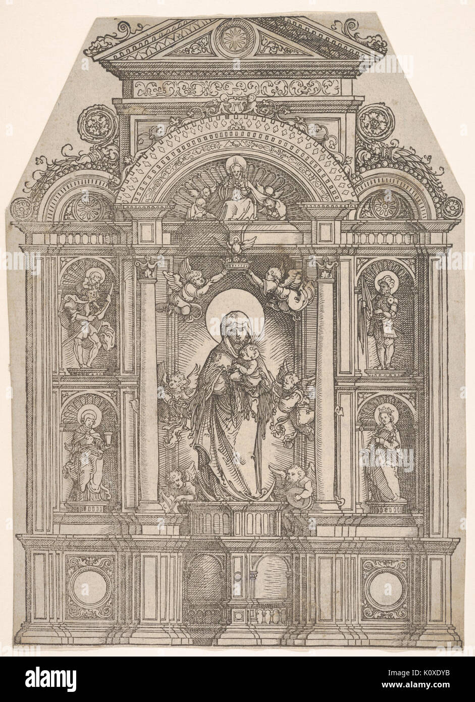 Retable avec la belle vierge de Regensburg et Saints Christophe, Marie Madeleine, Florian et Catherine debout dans des niches, avec Dieu le Père au-dessus rencontré DP833056 Banque D'Images Retable avec la belle vierge de Regensburg et Saints Christophe, Marie Madeleine, Florian et Catherine debout dans des niches, avec Dieu le Père au-dessus rencontré DP833056 Banque D'Images
