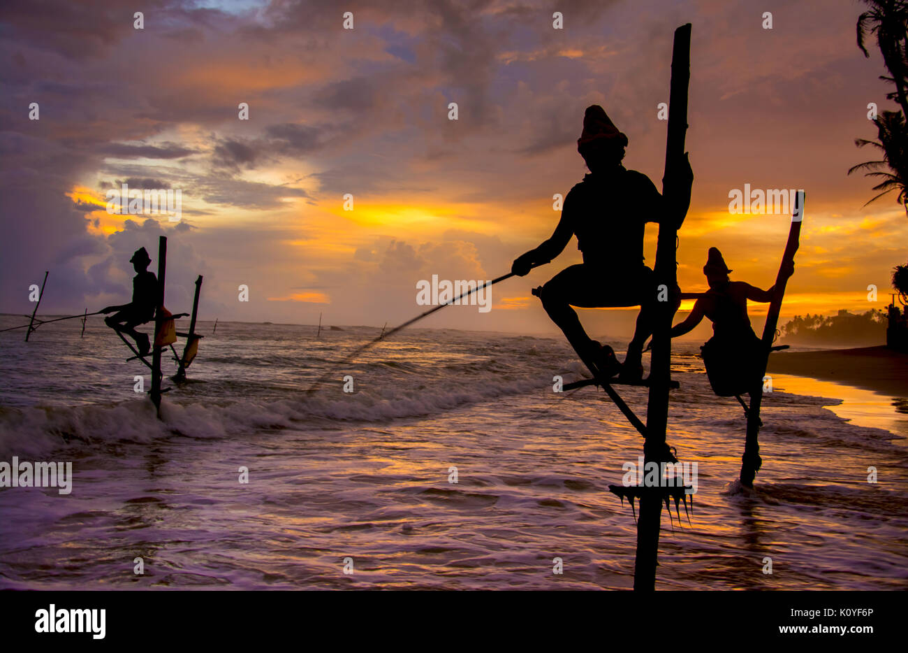 Silhouettes des pêcheurs sur pilotis traditionnelle du Sri Lanka Banque D'Images