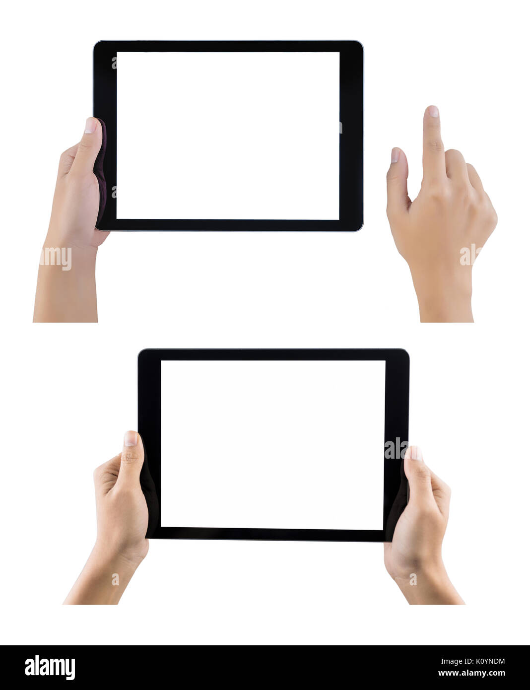 Écran tactile tablet computer with hand set isolés. Mains tenant ensemble tablette sur fond blanc Banque D'Images