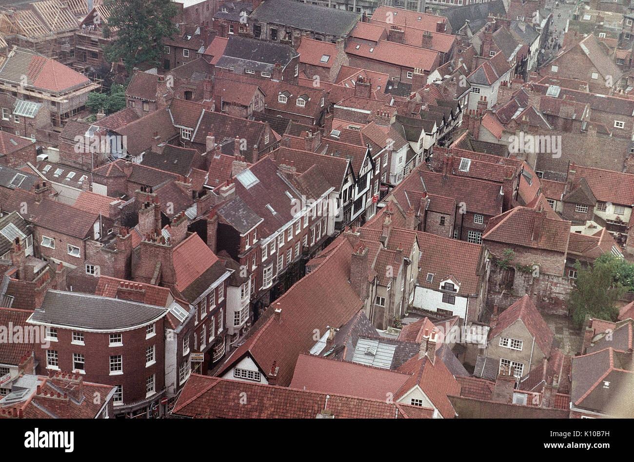 Vue aérienne de Stonegate et bâtiments historiques de la cathédrale de York 1991 Banque D'Images
