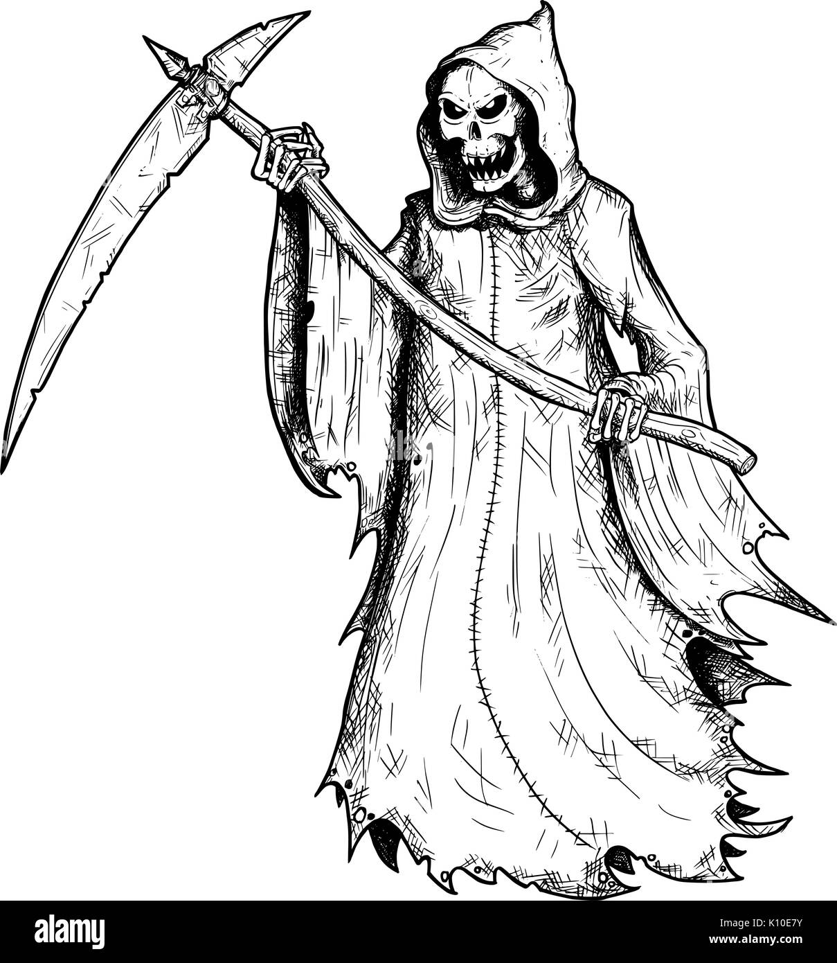 Dessin illustration de Grim Reaper halloween, squelette humain avec scythe, personnification de la mort. Illustration de Vecteur
