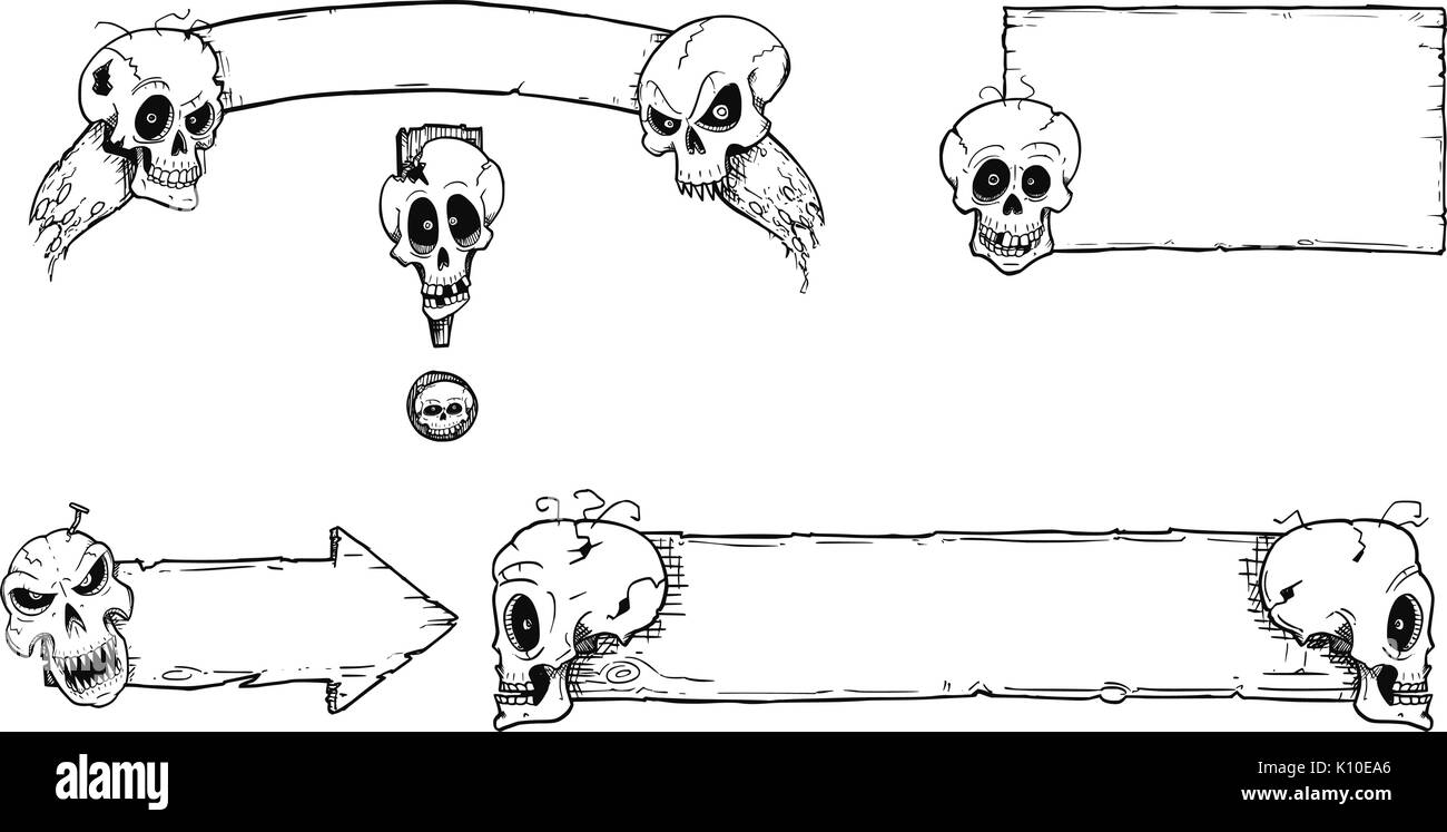 Ensemble d'images et de signes vides halloween avec dessin cartoon skull illustrations. Illustration de Vecteur