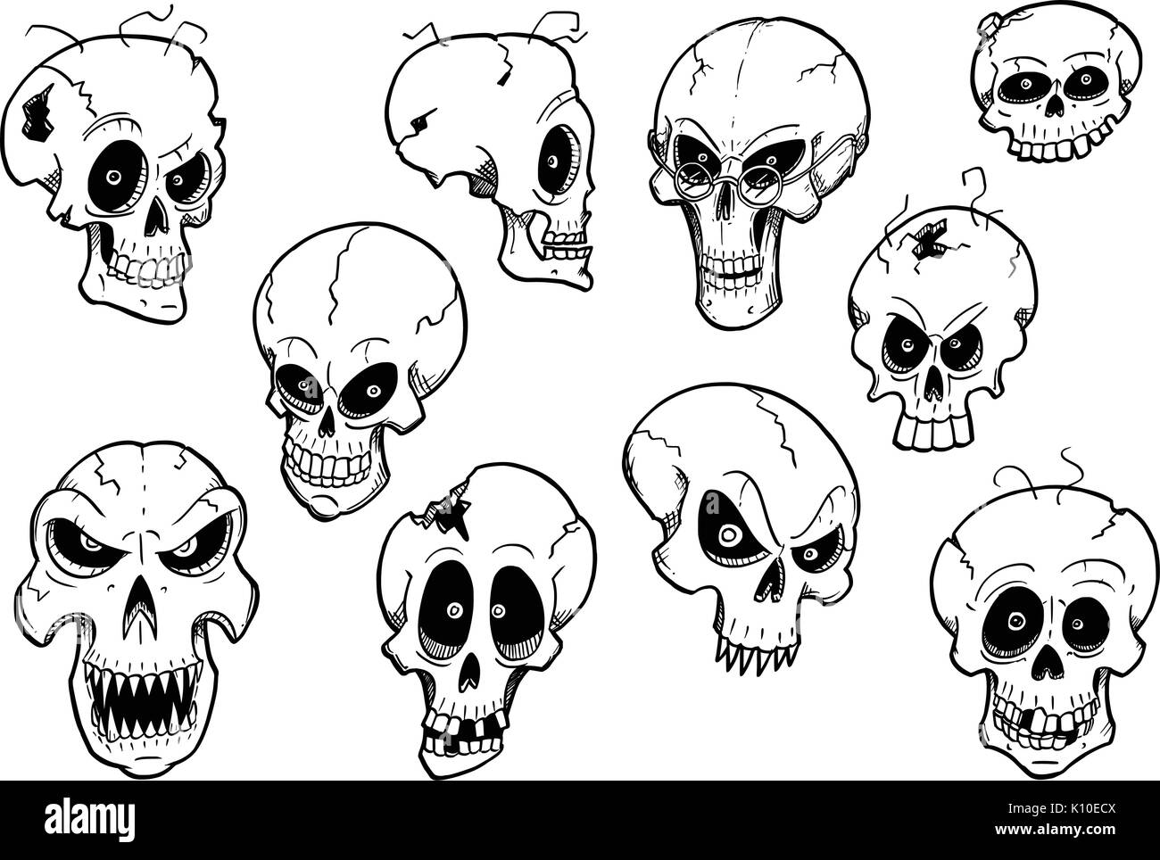 Jeu de cute dessin illustration de halloween crâne humain conçoit. Illustration de Vecteur