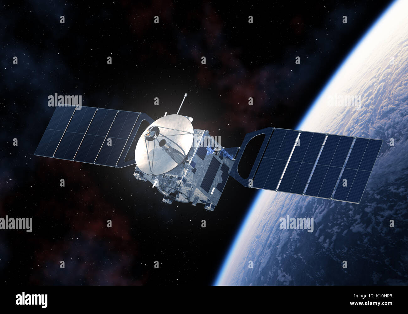 Satellite spatial en orbite autour de la planète Terre. 3D Illustration. Banque D'Images