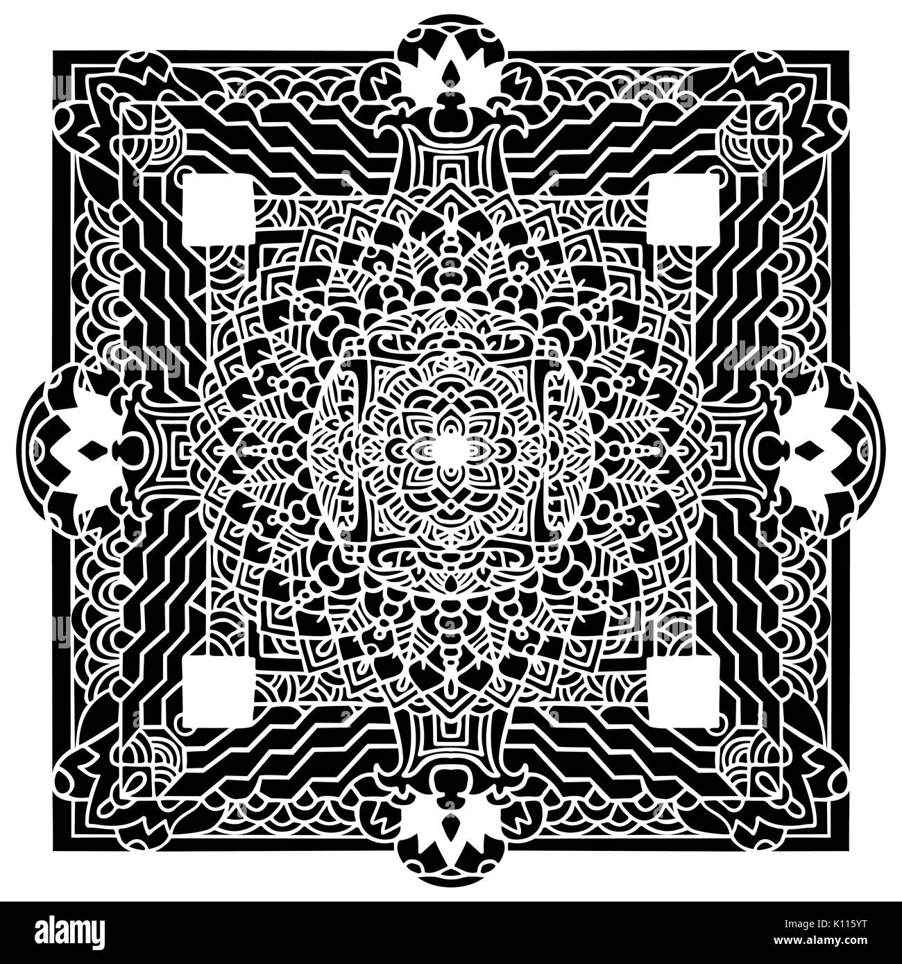 Mandala abstrait l'ornement. Modèle asiatique. Authentique d'arrière-plan noir et blanc. Vector illustration. Tanka tibétain imprimer. Illustration de Vecteur
