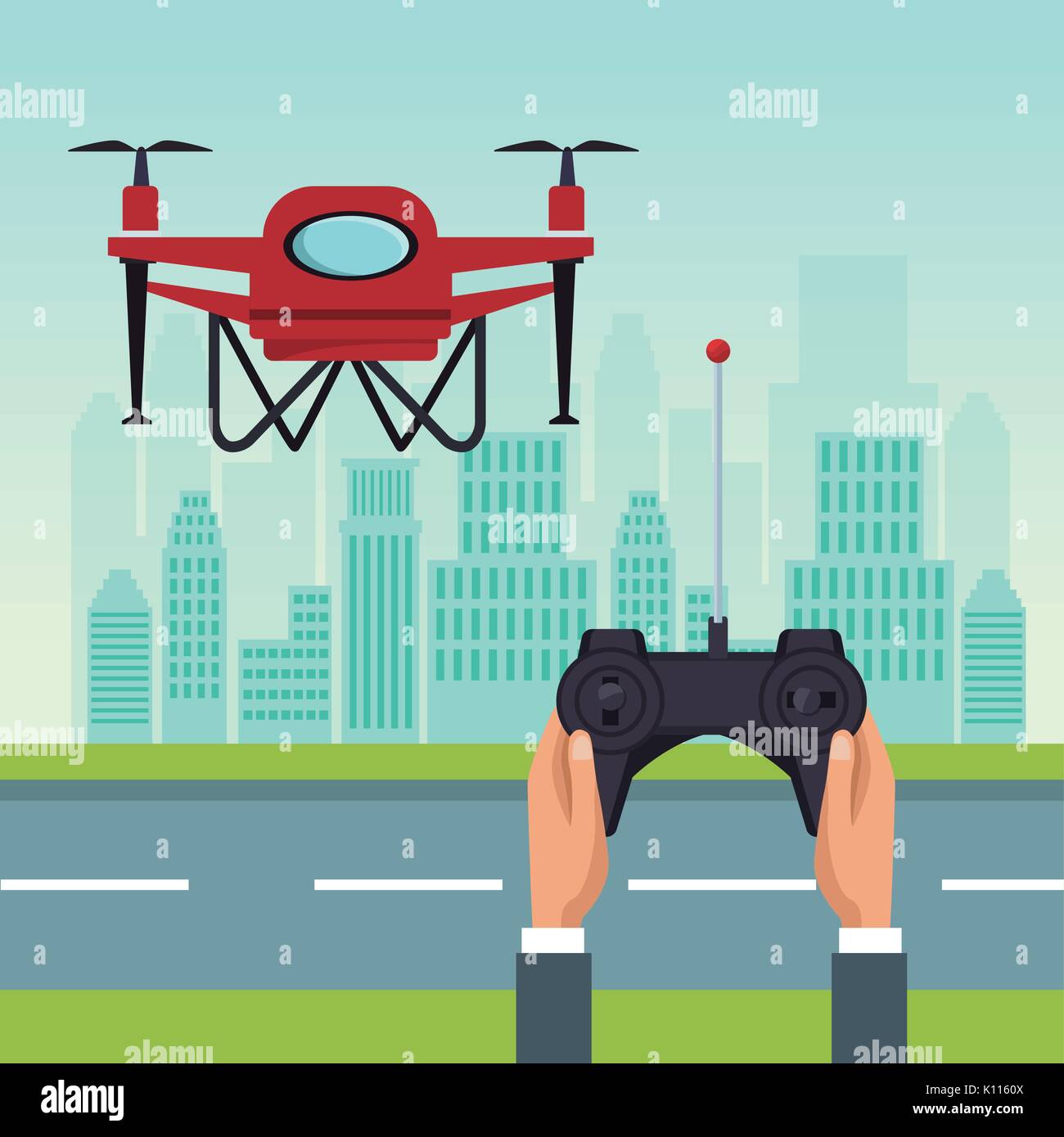 Paysage ciel avec des bâtiments et scène de rue avec des gens traiter avec commande à distance de drones rouge avec deux hélice flying Illustration de Vecteur