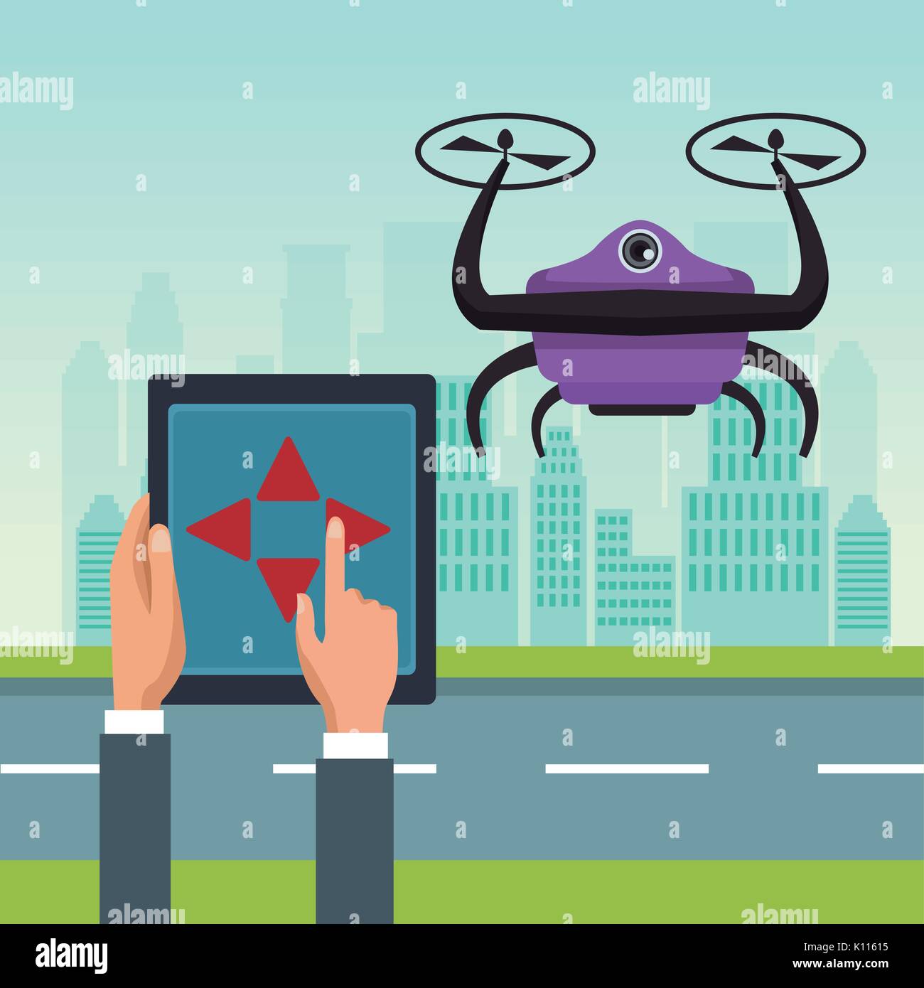 Paysage ciel avec des bâtiments et scène de rue avec des gens traiter avec télécommande robot violet drone avec deux hélice flying Illustration de Vecteur