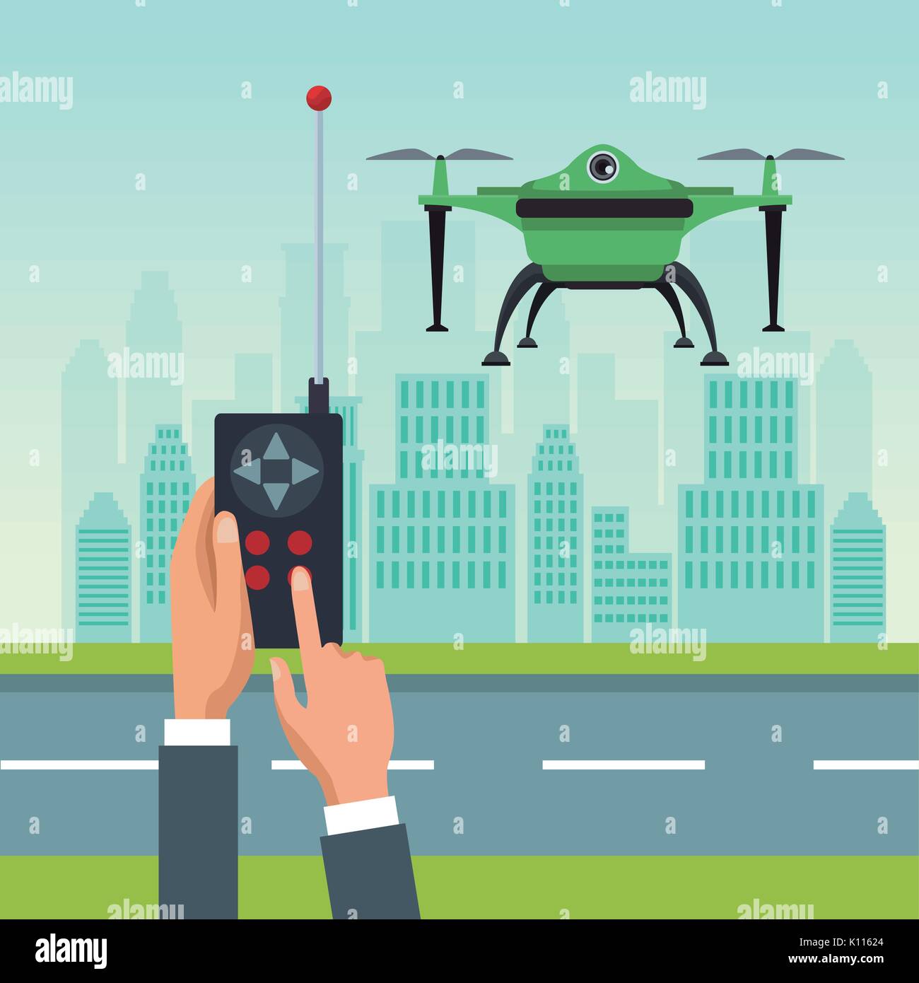 Paysage ciel avec des bâtiments et scène de rue avec des gens traiter avec télécommande robot vert drone avec deux hélice battant et base Illustration de Vecteur