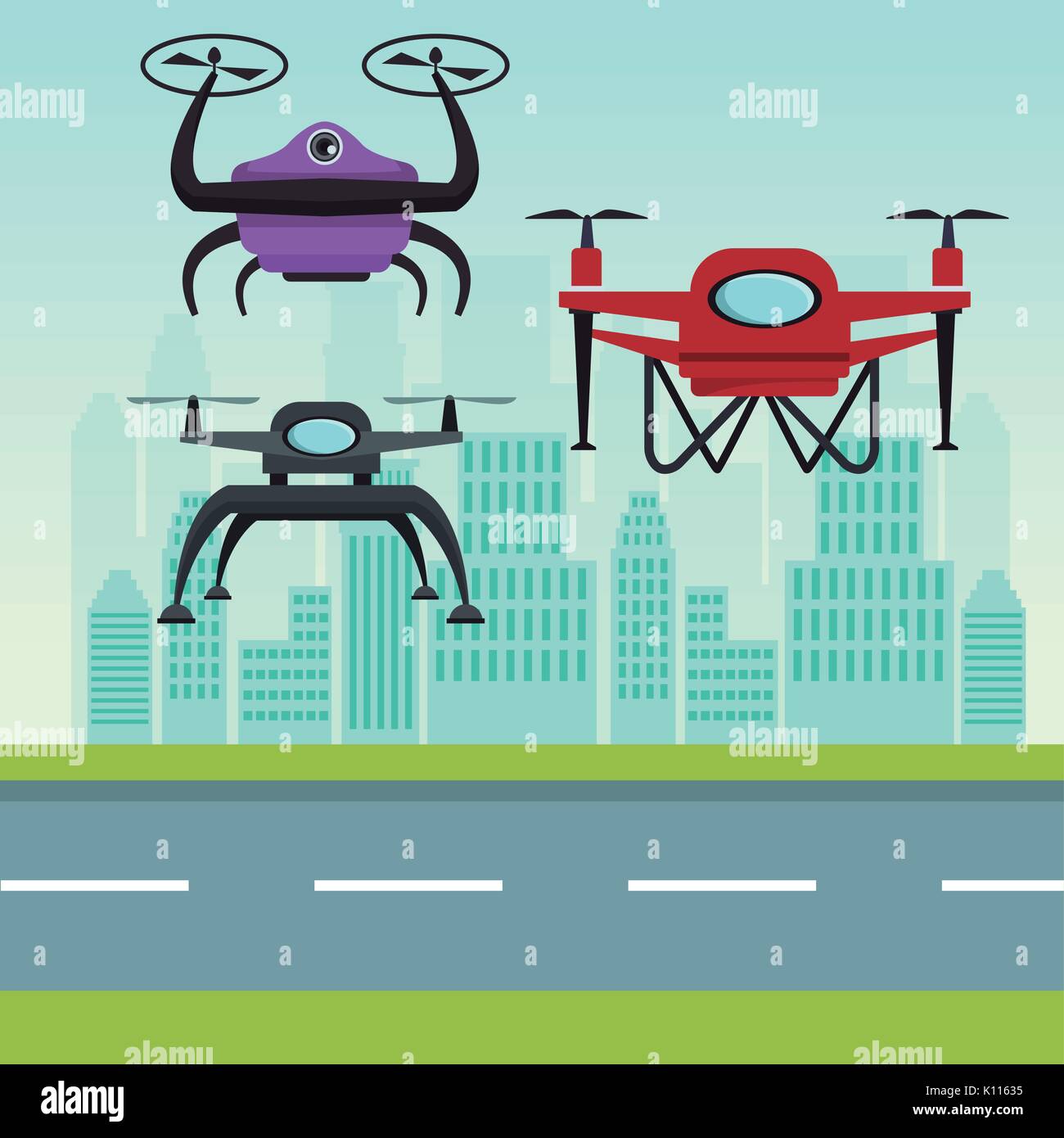 Paysage ciel avec des bâtiments et scène de rue avec des drones robot moderne avec deux hélice battant et base Illustration de Vecteur