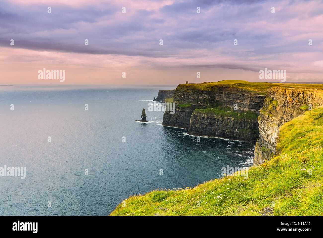 Les falaises de Moher sont situées à la limite sud-ouest de la région du Burren dans le comté de Clare, Irlande. Ils s'élèvent à 120 mètres (390 ft) au-dessus de l'Atlant Banque D'Images