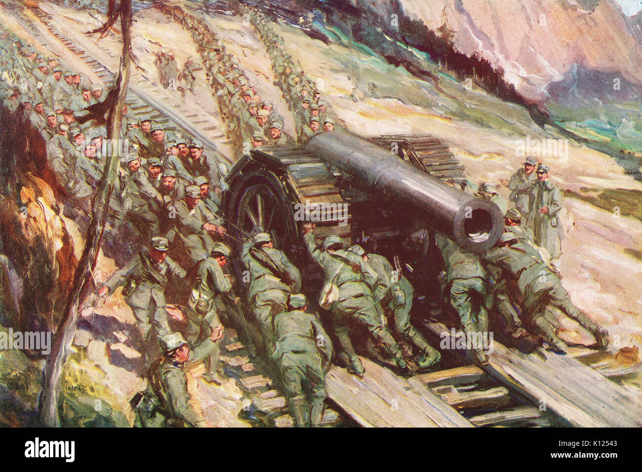Des soldats italiens de haler un gros canon sur une montagne, WW1 Banque D'Images