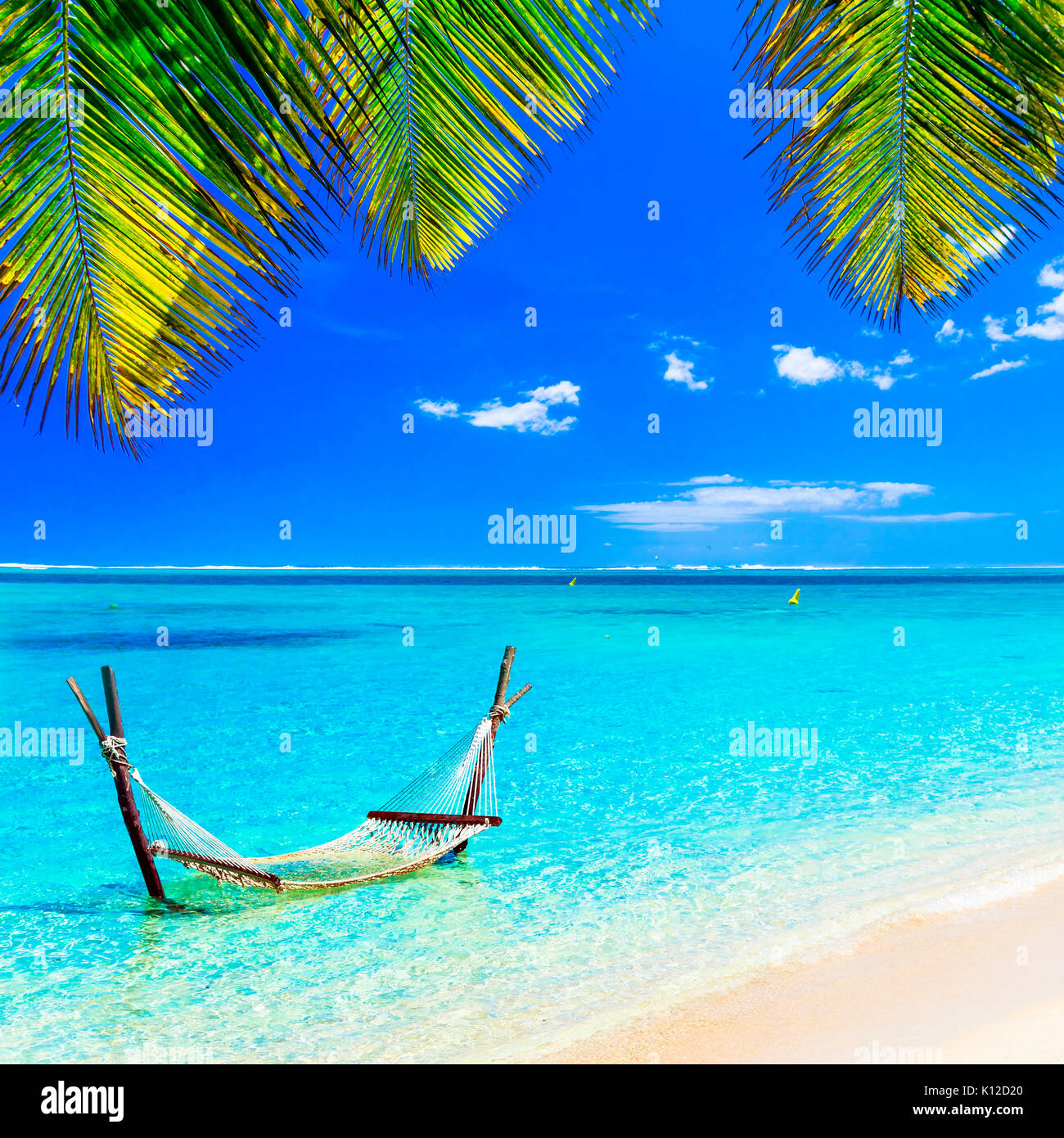 Paradis tropical, avec vue sur la mer d'azur,hamac et palmier,l'île Maurice. Banque D'Images