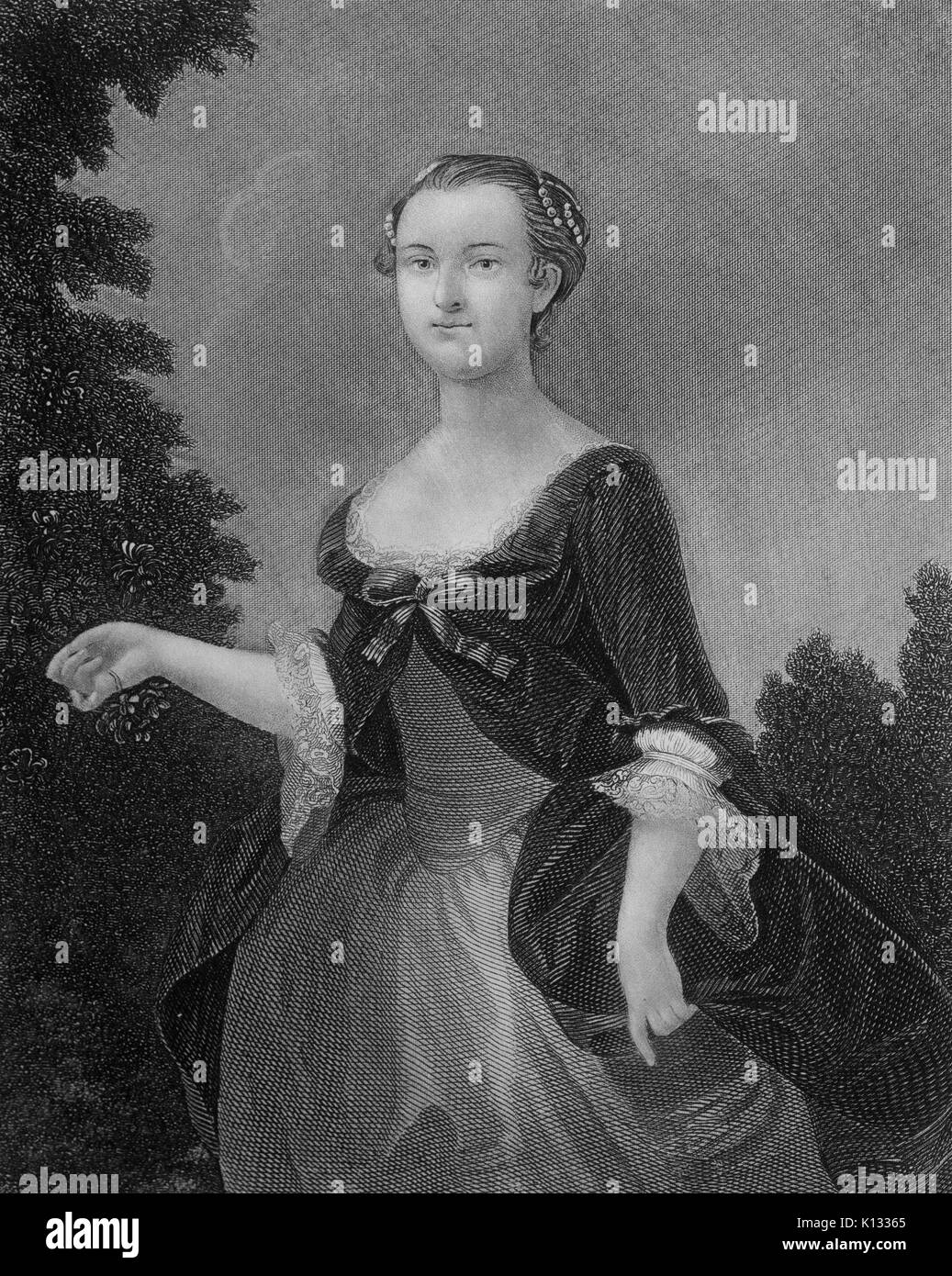 Martha Washington, première dame et épouse de George Washington, le premier président des États-Unis, de l'acier coupé gravure de Martha Washington comme une jeune femme, avec une robe fluide, à l'extérieur, avec des arbres en arrière-plan, le port d'un bonnet, 1800. Banque D'Images