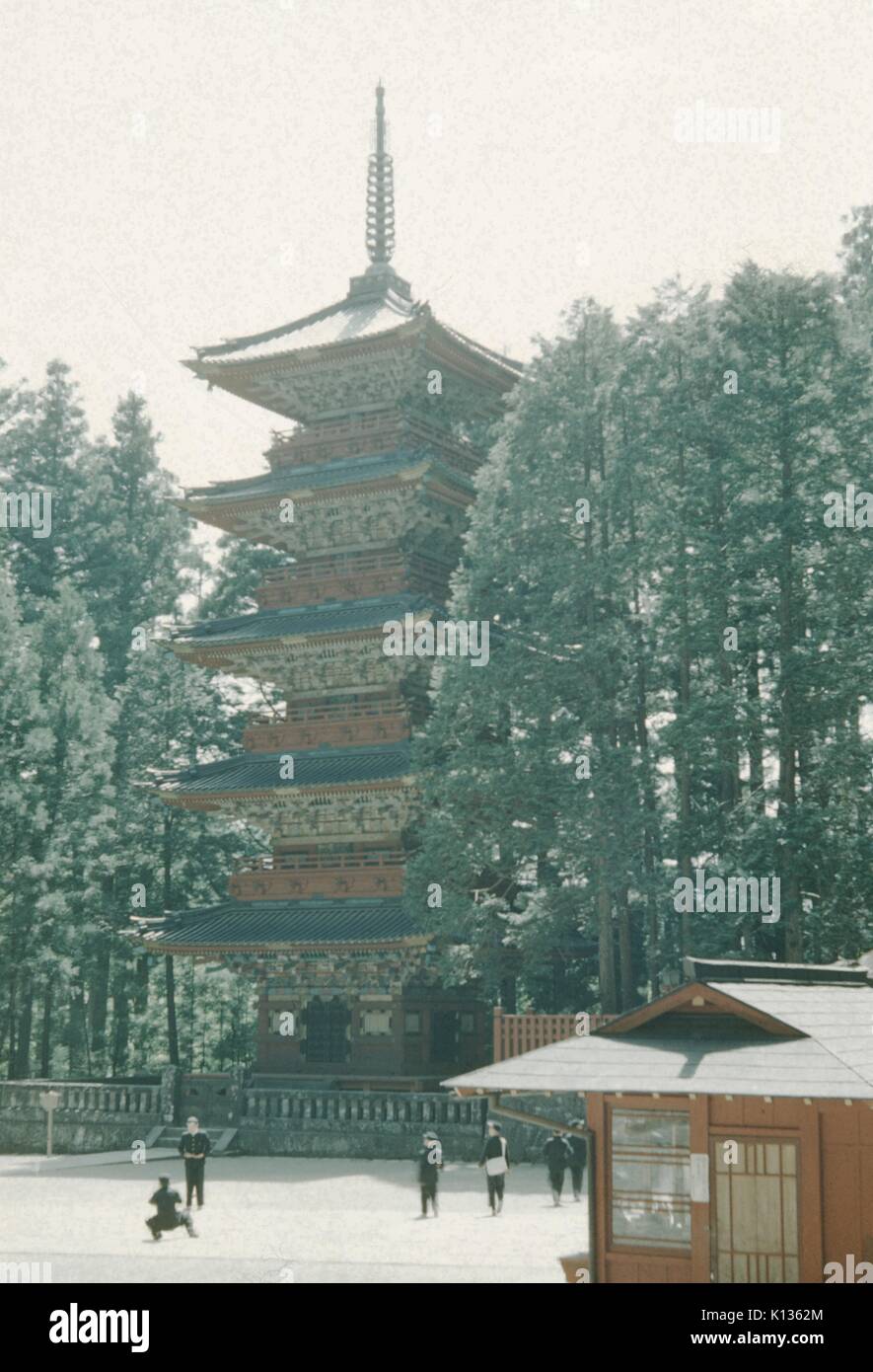 La pagode du temple de style japonais situé au milieu des arbres, les touristes debout devant le modèle, un touriste qui pose pour une photographie, Japon, 1951. Banque D'Images