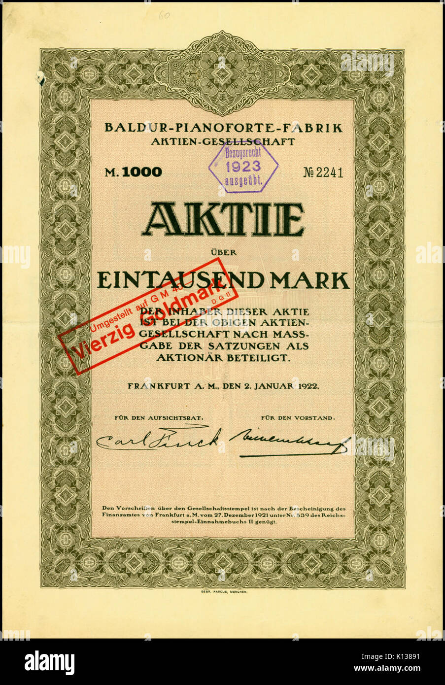 Baldur Pianoforte Fabrik 1922 Mk 1000 Banque D'Images