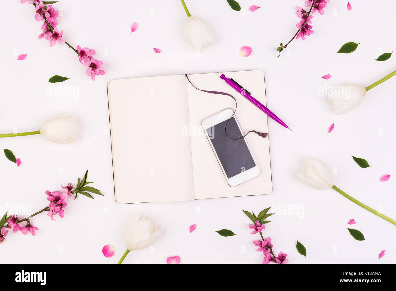 Freelance, communication, jour de femme concept. Mise en page de ces fournitures de femme moderne comme journal intime avec blank pages crémeux et satiné, ajouter aux favoris Banque D'Images