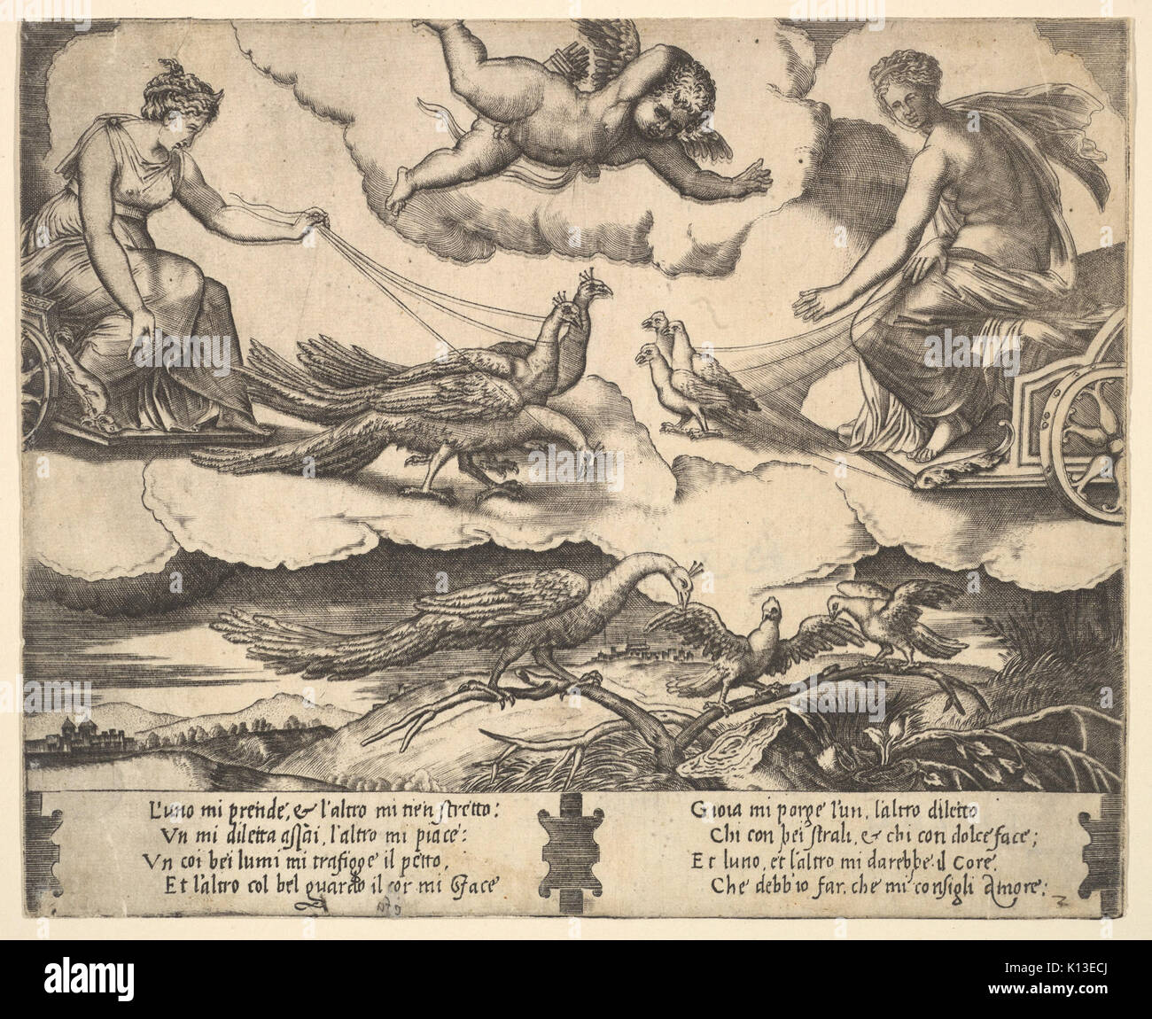 Allégorie du mariage et l'amour ; Junon dans un char tiré par des paons à gauche, Vénus dans un char attelé de trois colombes au bon rencontré DP824406 Banque D'Images