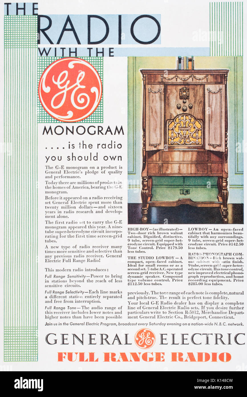 1930 publicité papier magazine décrivant des postes de radio électrique à vendre. Banque D'Images
