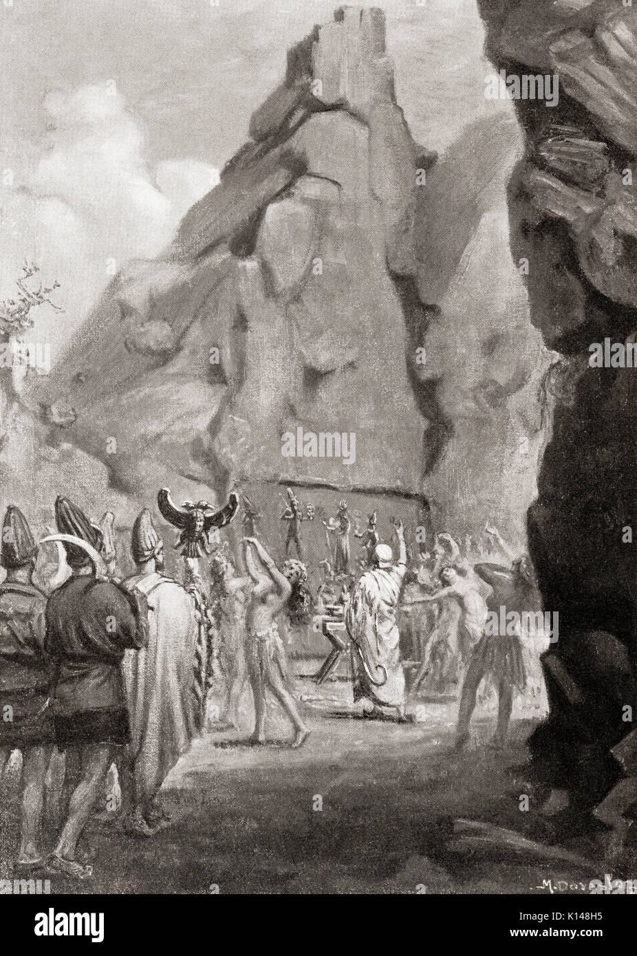 La célébration d'un festival de printemps avec un culte de la danse pour adorer la Déesse Mère Hittite dans la roche sanctuaire à Yazılıkaya, Hattusha, la capitale de l'Empire hittite, aujourd'hui dans la province de Çorum, Turquie. Après la peinture de Margaret Dovaston (1884-1954). L'histoire de Hutchinson de l'ONU, publié en 1915. Banque D'Images La célébration d'un festival de printemps avec un culte de la danse pour adorer la Déesse Mère Hittite dans la roche sanctuaire à Yazılıkaya, Hattusha, la capitale de l'Empire hittite, aujourd'hui dans la province de Çorum, Turquie. Après la peinture de Margaret Dovaston (1884-1954). L'histoire de Hutchinson de l'ONU, publié en 1915. Banque D'Images