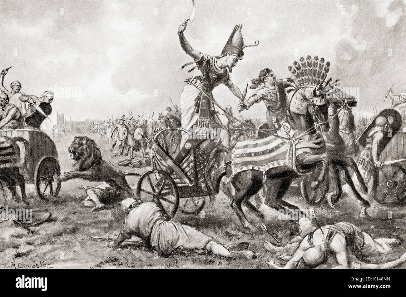 La bataille de Kadesh, ou bataille de Qadesh entre les forces de l'Empire égyptien sous Ramsès II et l'Empire hittite sous Muwatalli II, ch. 1257 BC. Après la peinture de Margaret Dovaston (1884-1954). L'histoire de Hutchinson de l'ONU, publié en 1915. Banque D'Images